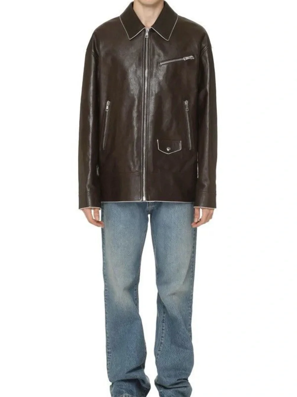 Gucci Chocolate Brown Leather Zip-Front Bomber Jacket
